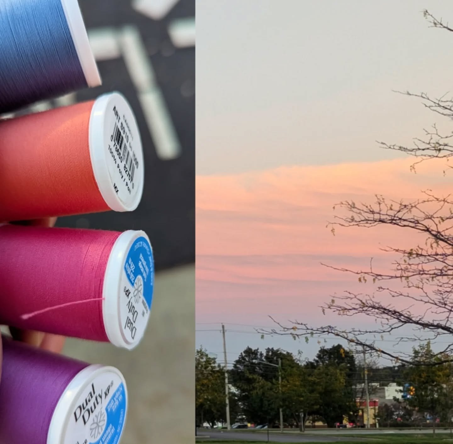 I came out of the store tonight, with *only* the thread I actually went for👏🏼😂 and the sky that greeted me matched.💙🧡🩷💜