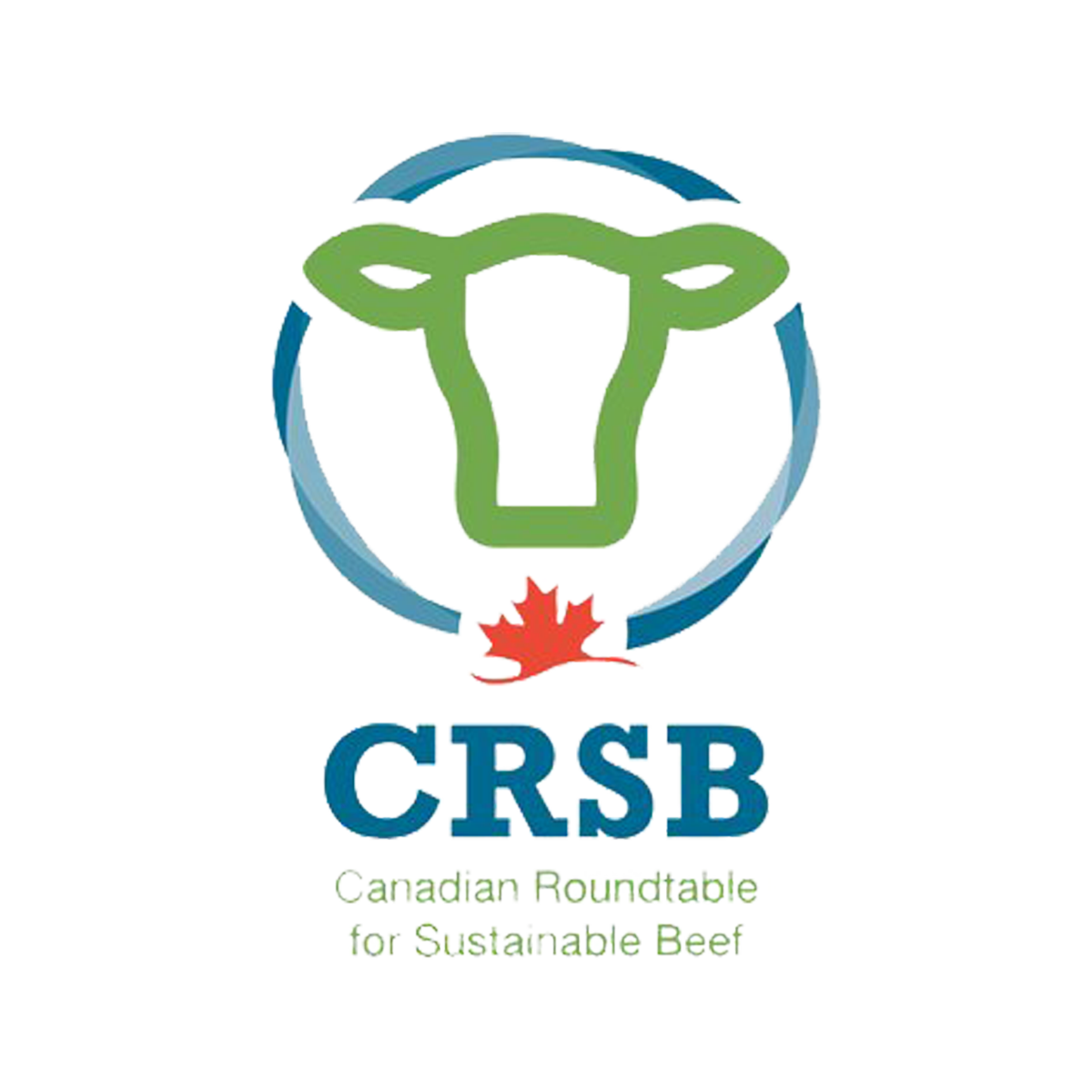 Logo of the Canadian Roundtable for Sustainable Beef (CRSB). It features a stylized green cow's head with a red maple leaf and the text "CRSB" below, with additional green text reading "Canadian Roundtable for Sustainable Beef."