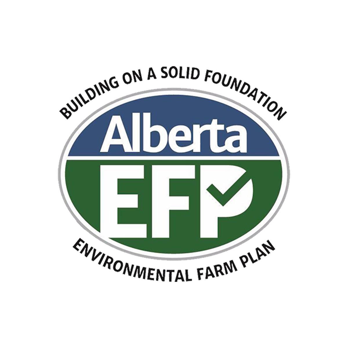 Alberta Environmental Farm Plan certification logo with blue and green circle, white check mark, and text indicating building on a solid foundation.