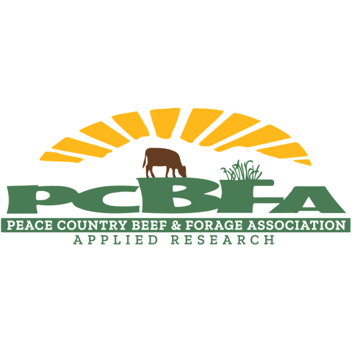 Logo for Peace Country Beef & Forage Association featuring a sunrise, a mountain, a cow, and a tree with green and yellow colors.
