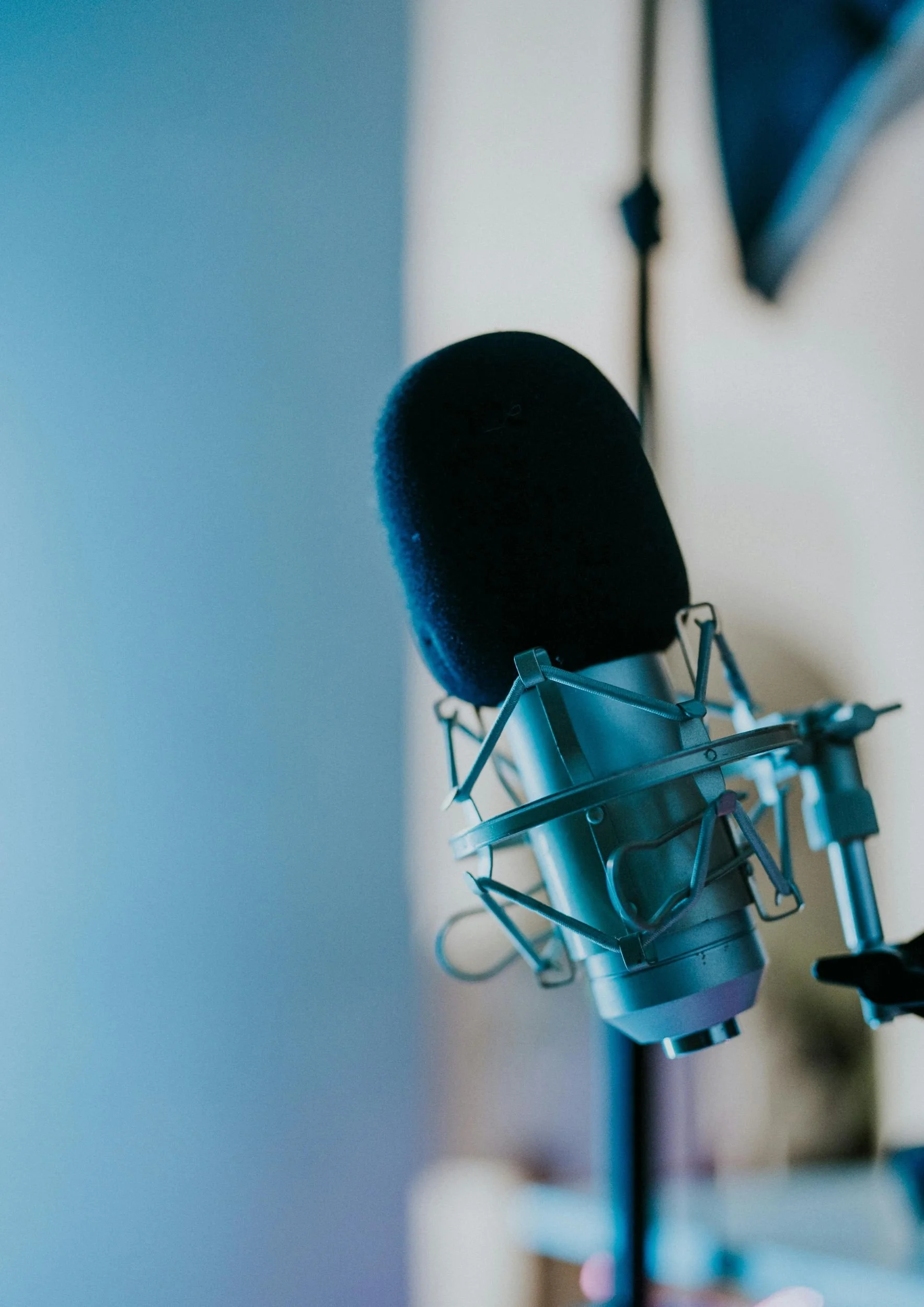Close-up of a professional recording microphone with a black pop filter, mounted on a stand.