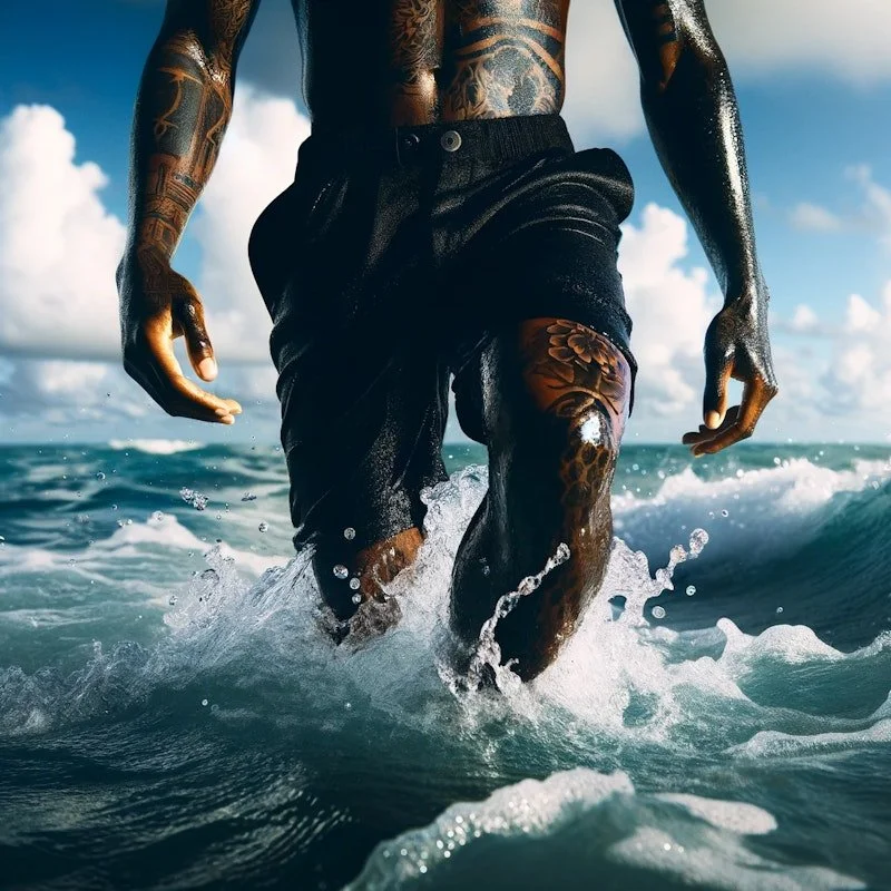 Tattooed man wearing black shorts walking in the ocean with water splashing around him.