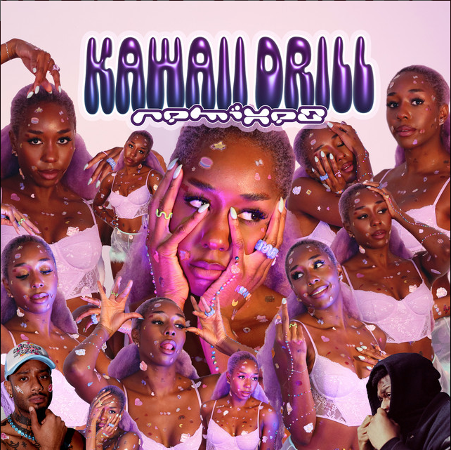 A collage of multiple images of a woman with purple hair, wearing white lingerie, with various facial expressions and poses. The background is pink with a logo in purple and white that reads "KAHANA DOLL".
