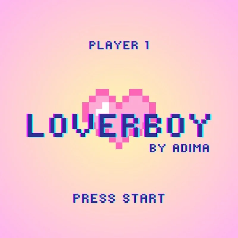 Video game title screen for 'Loverboy' by Adima, with a pink pixel heart in the background and pixelated blue text that says 'Player 1' and 'Press Start'.