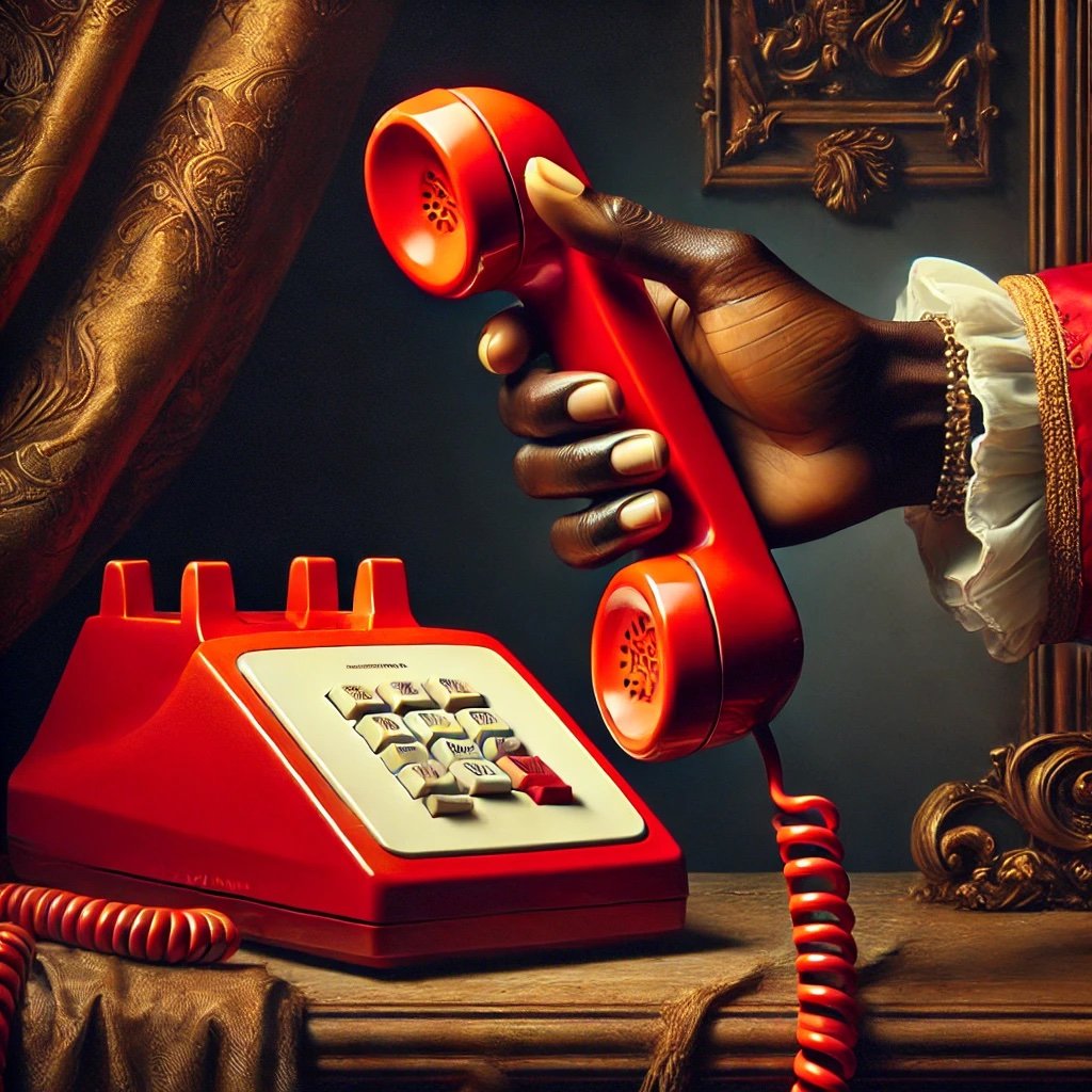 A hand in a historical sleeve holding a red rotary telephone receiver above a matching base station on a wooden surface, with ornate gold-framed decor and dark drapery in the background.