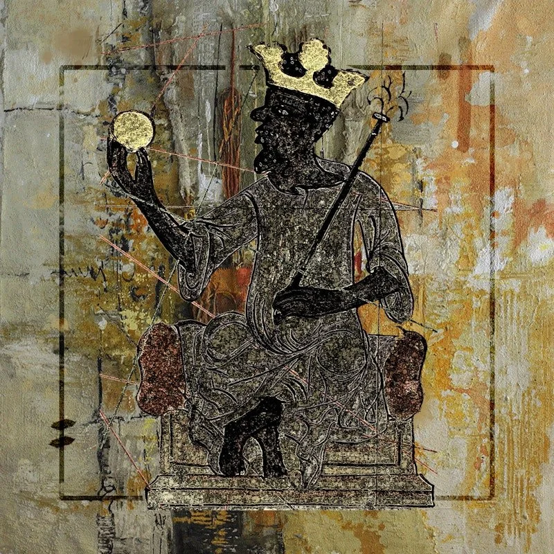 A graffiti artwork of a crowned figure seated on a throne, holding a sphere in one hand and a scepter in the other, against a textured, aged wall.