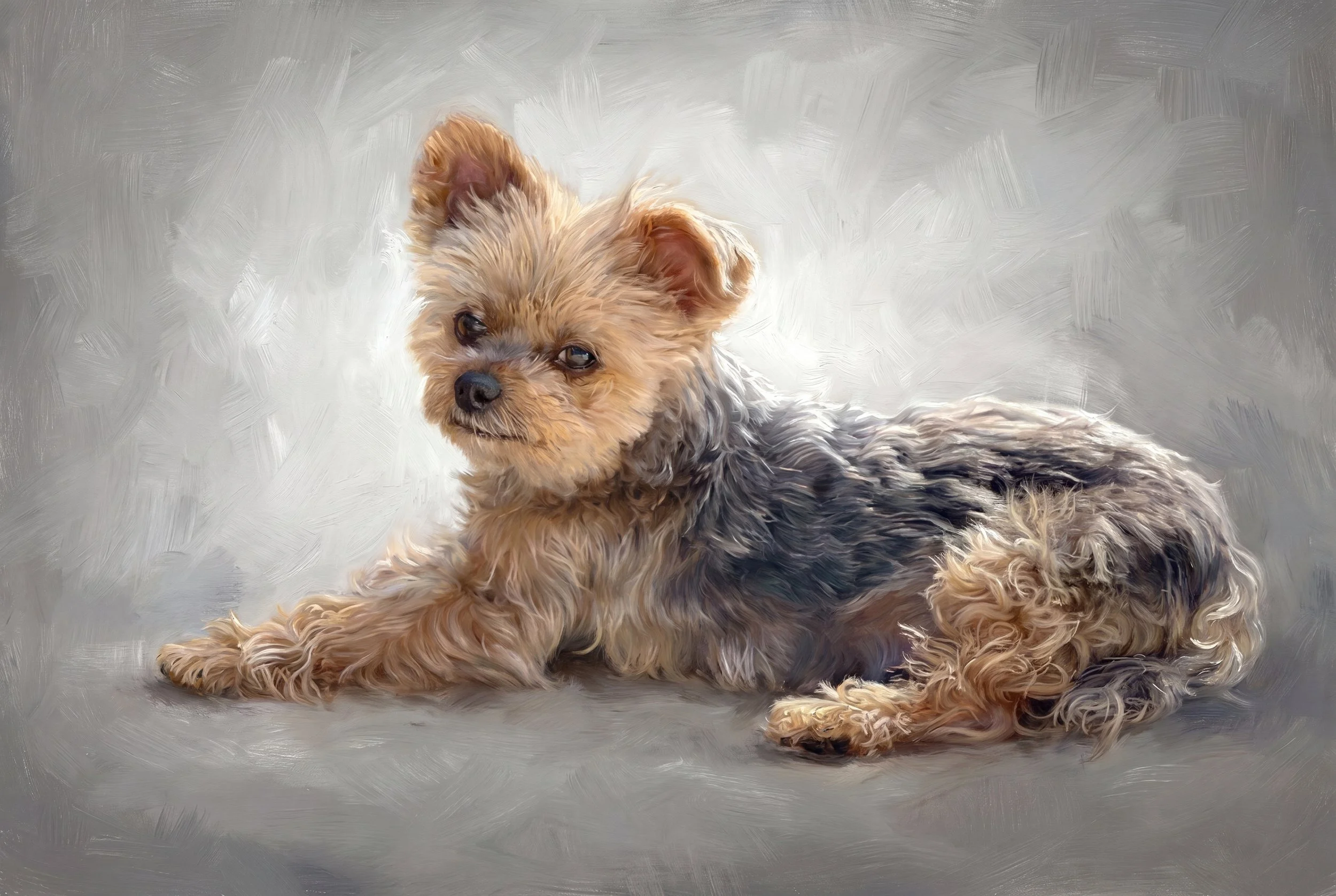 Painting of Yorkie laying down with one ear perked