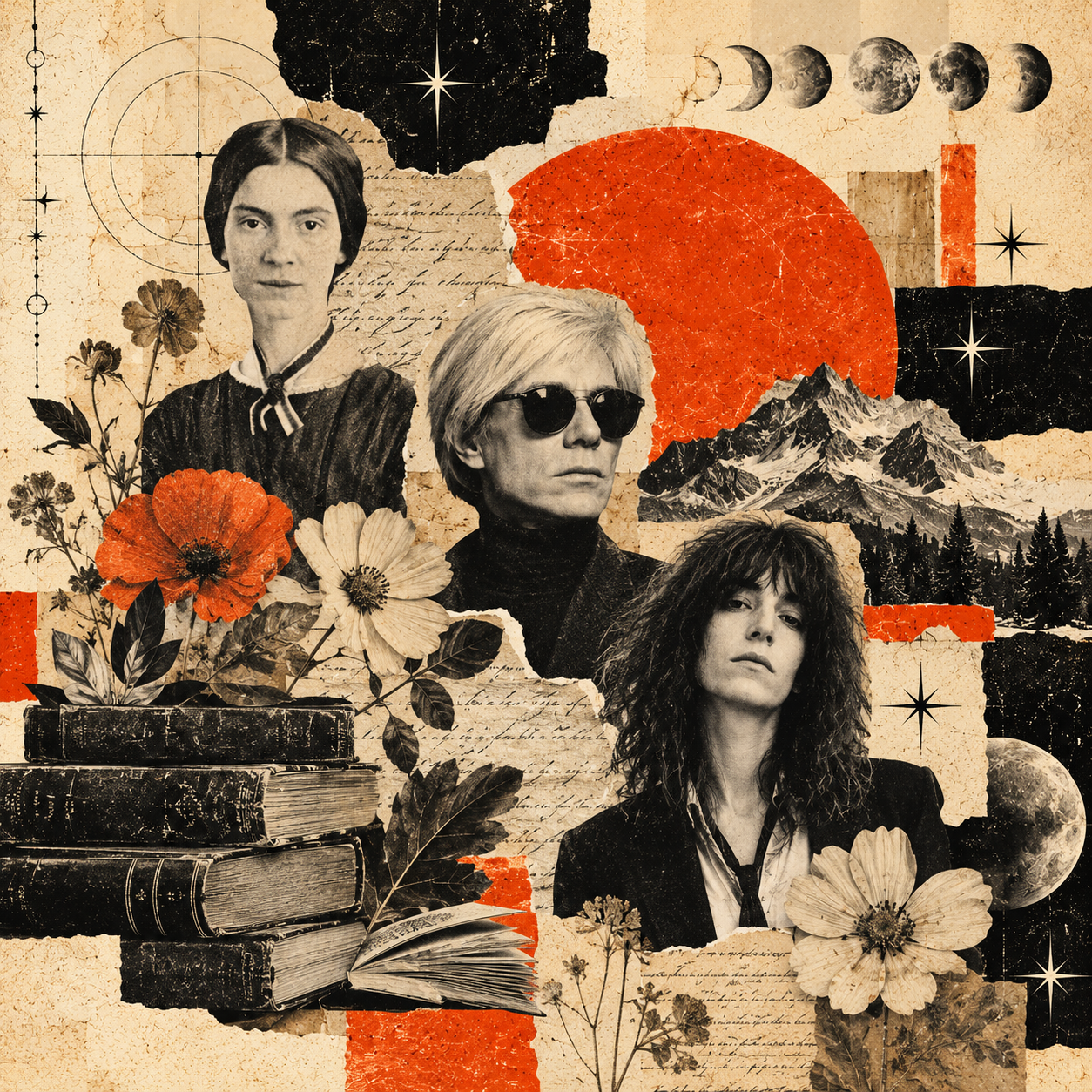 a collage with the faces of emily dickinson, andy warhol, and patti smith with burnt orange and black and white moon and stars behind them as well as written pages and flowers