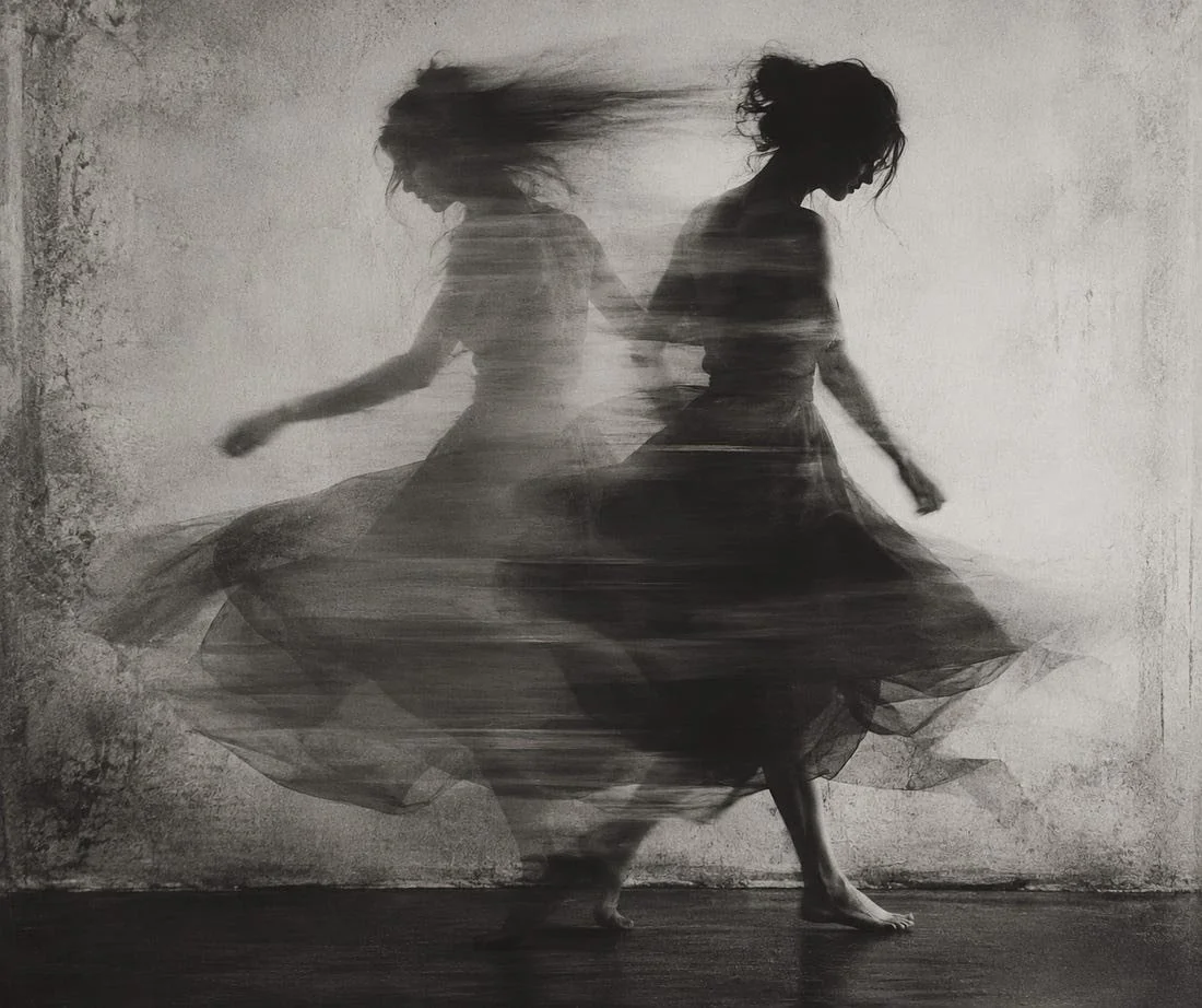 black and white image of a woman in movement going in opposite directions