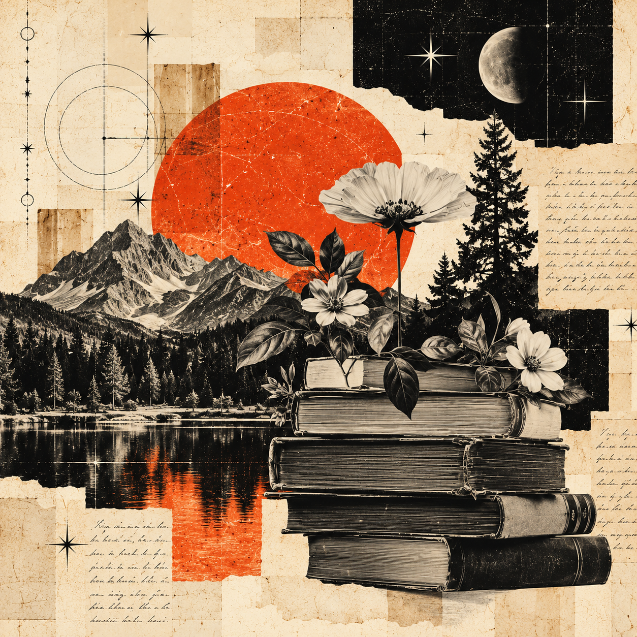 a collage image with black and white flowers and a stack of books and mountains with burnt orange moon and planets behind it with beige text throughout