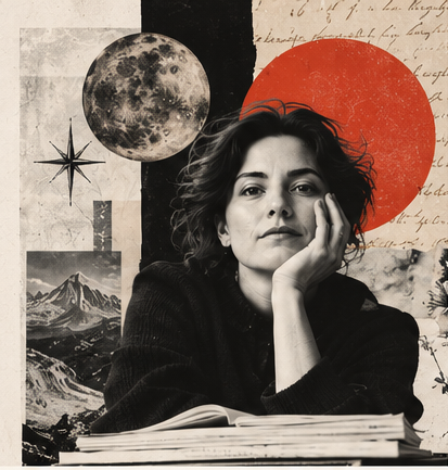 a women in black and white looking at image with books in front of her and moon and stars behind her