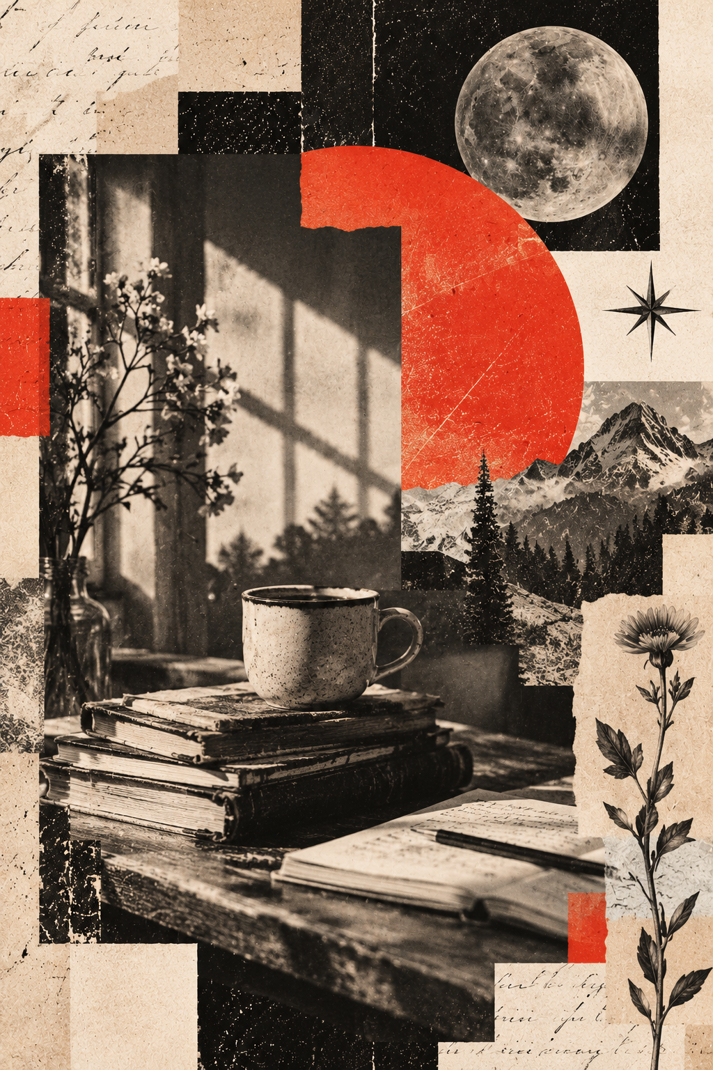 A collage image of stacked books with a mug on top in black and white, beige and orange tones