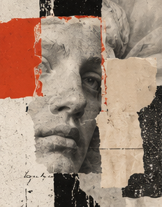 collage of face with paper and text around it