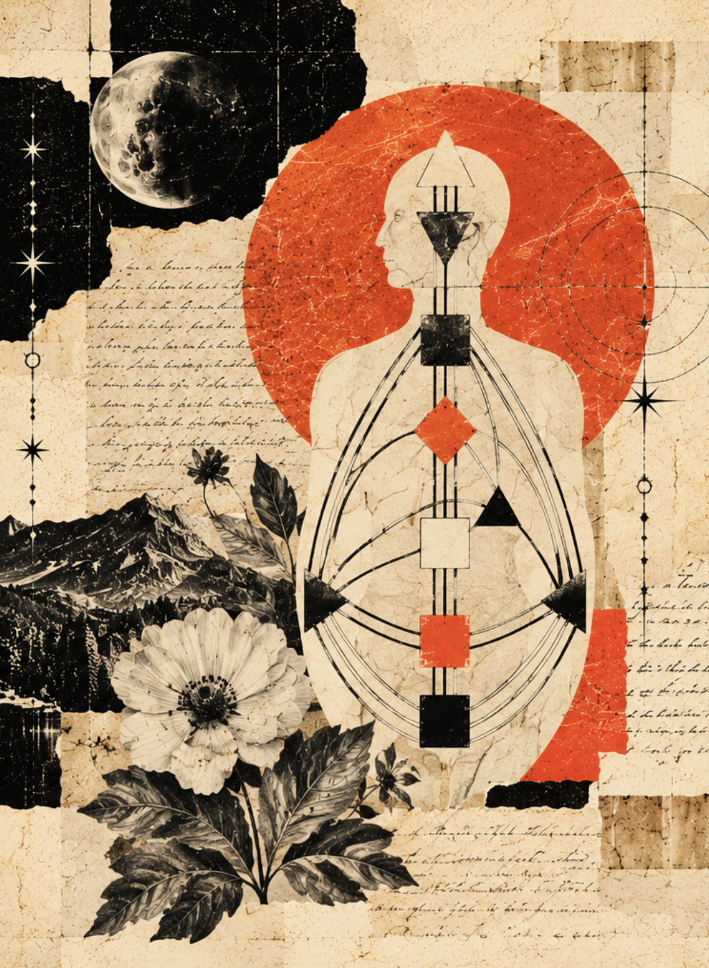An image of a body graph with orange moon behind it in collage with paper text and black and white flowers