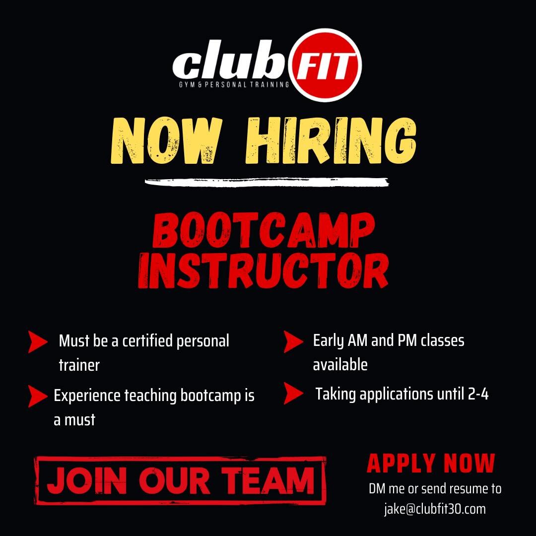 Club Fit is hiring a bootcamp instructor for early am and pm classes. 

Classes are 30 minutes and HIIT style.

Experience teaching bootcamp and a personal training certification are needed.

You&rsquo;ll also have a chance to train your clients at C