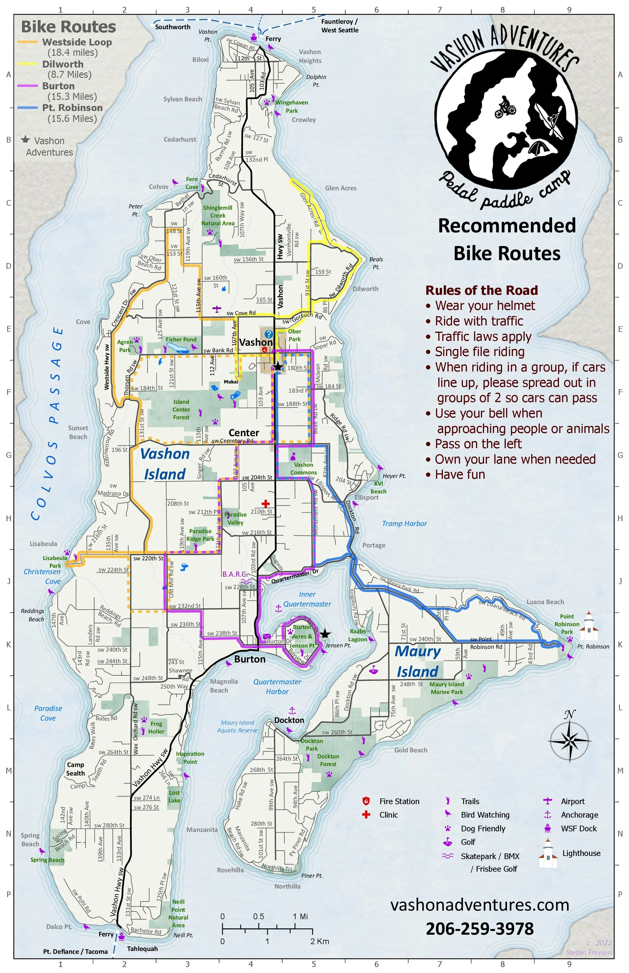 Vashon Adventures, Bicycle Routes, Vashon Island, Stefan Freelan, 2023, 11x17 *