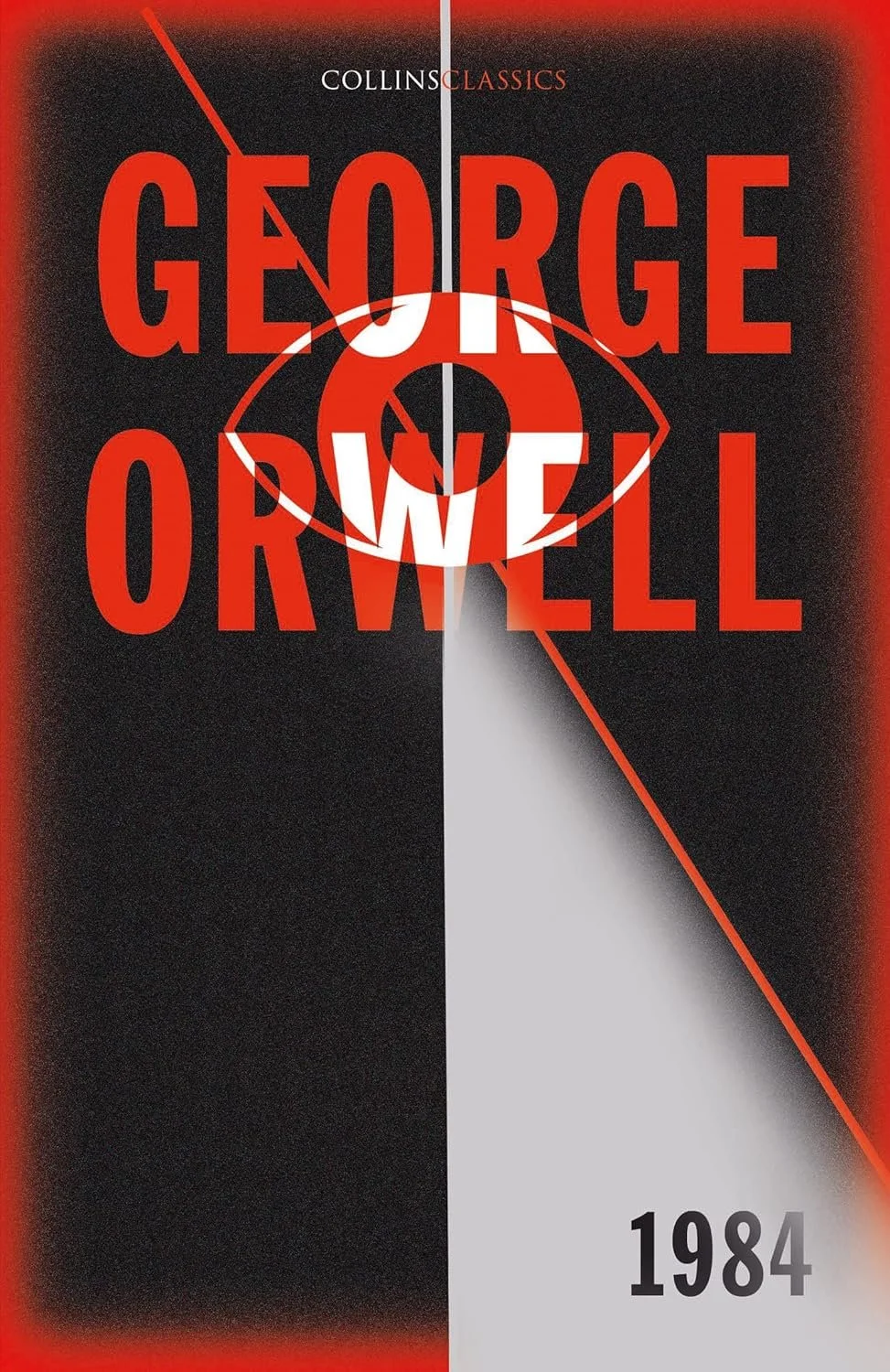Book cover of George Orwell's 1984 with a black and gray background, red text, and a geometric eye design in the center.
