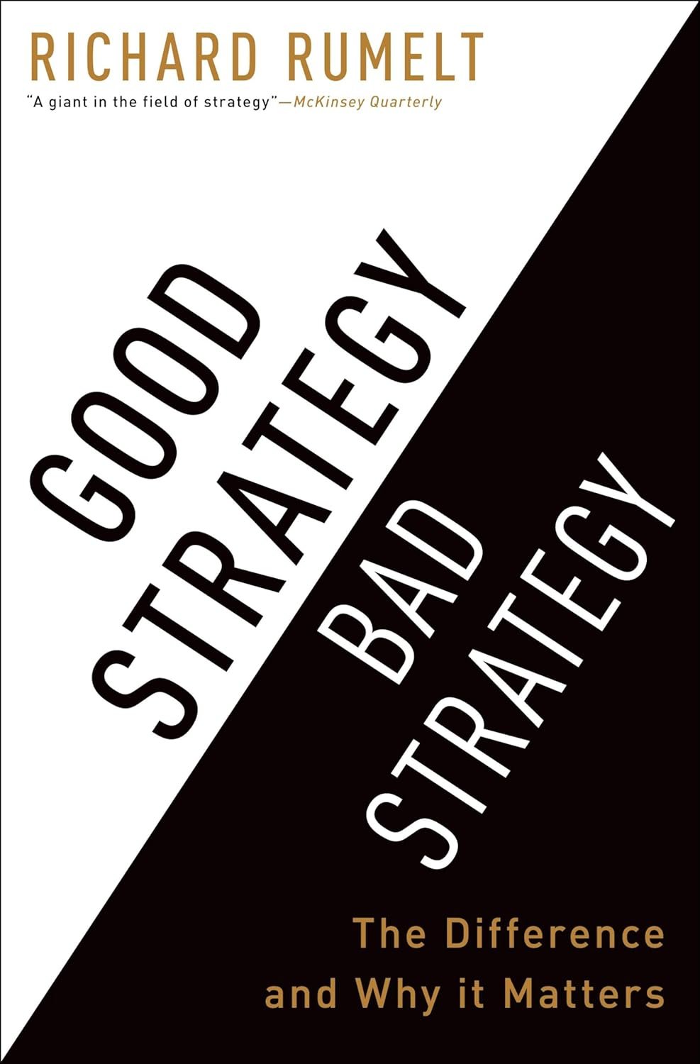 Book cover titled 'Good Strategy Bad Strategy: The Difference and Why it Matters' by Richard Rumelt, with a black and white diagonal design.