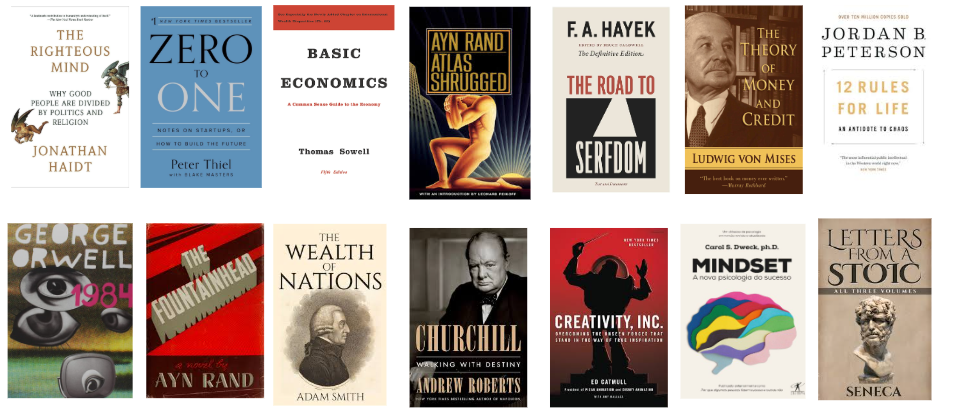 Collection of book covers on various topics including economics, politics, psychology, philosophy, and self-help.