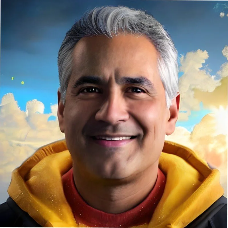 Portrait of a smiling man with gray hair, wearing a yellow and black jacket, against a sky with clouds and a sunset