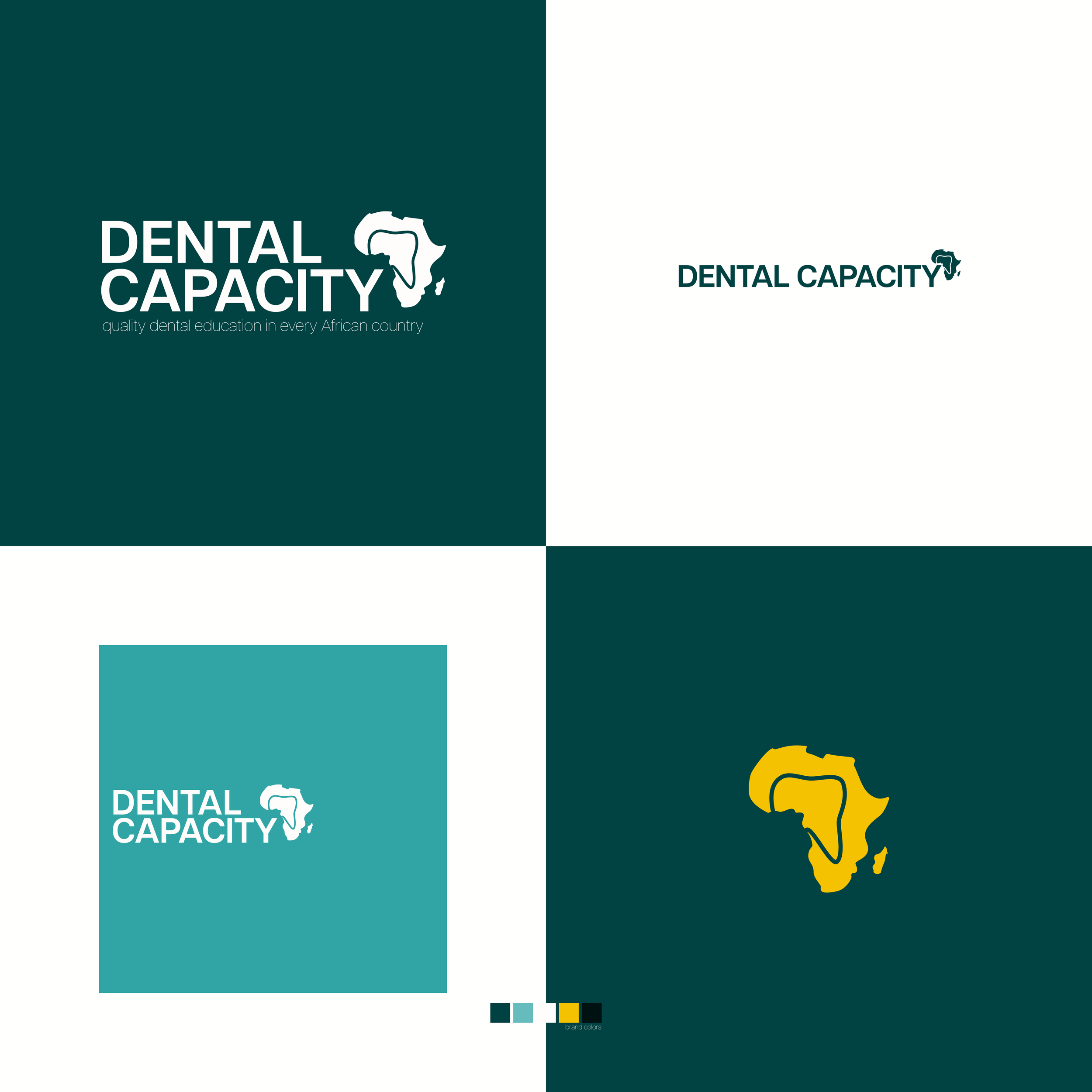 Collage of four logos for 'Dental Capacity,' featuring the outline of Africa with a tooth shape inside, in white, teal, and gold colors, with text emphasizing quality dental education across Africa.