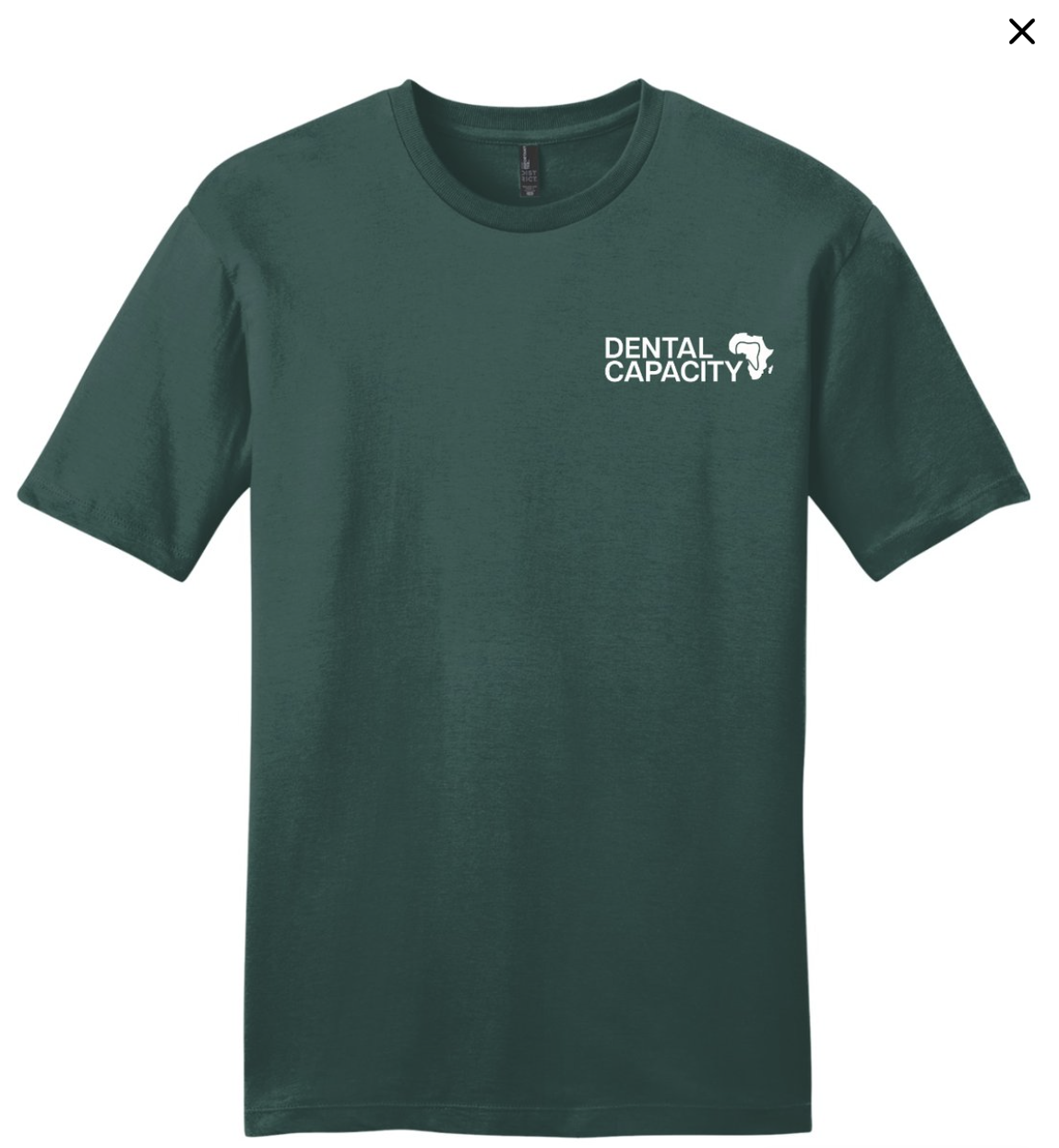 Green T-shirt with a small white logo on the left chest that reads 'Dental Capacity' and features an outline of the African continent with a tooth inside.