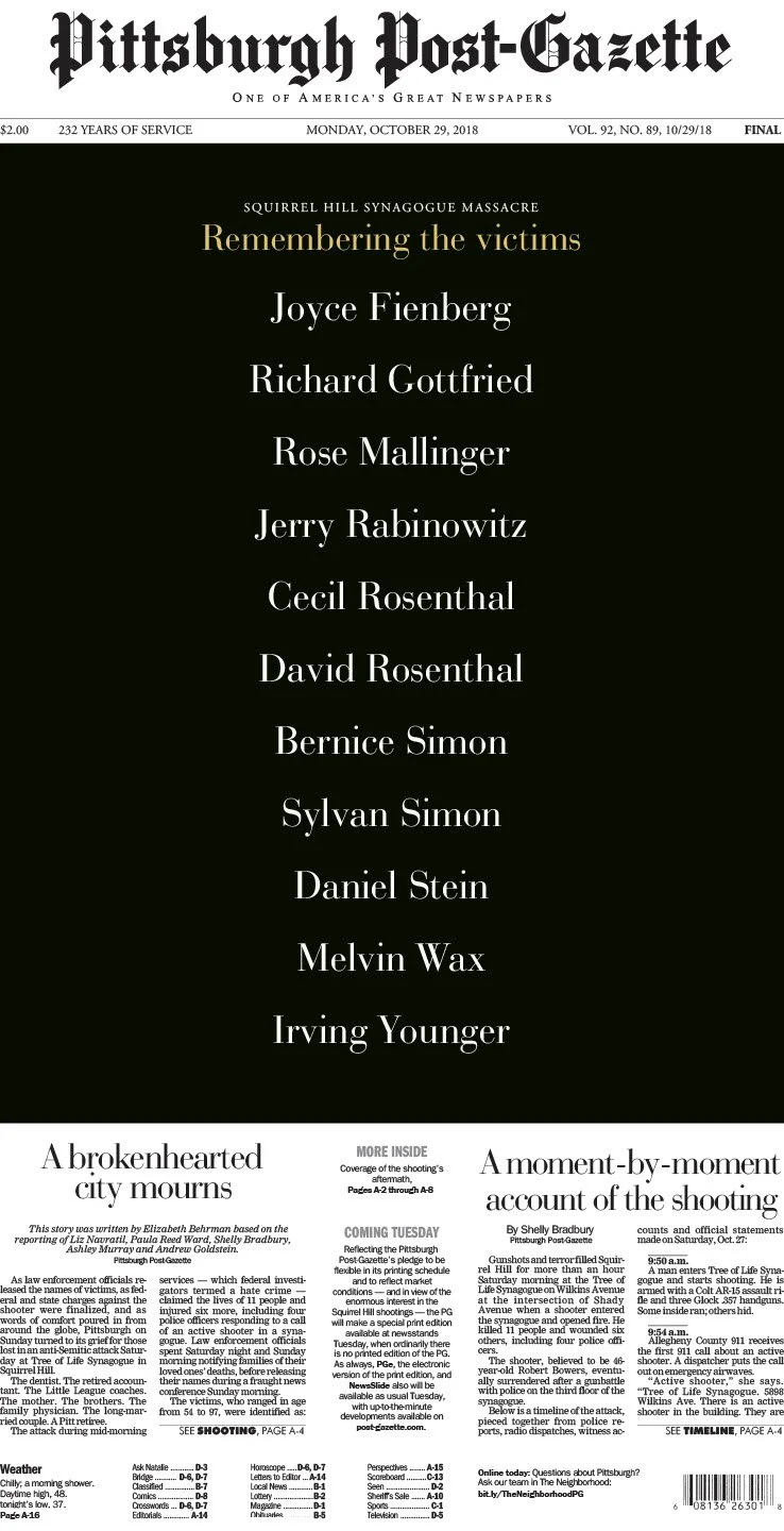 Front page: Tree of Life synagogue victims