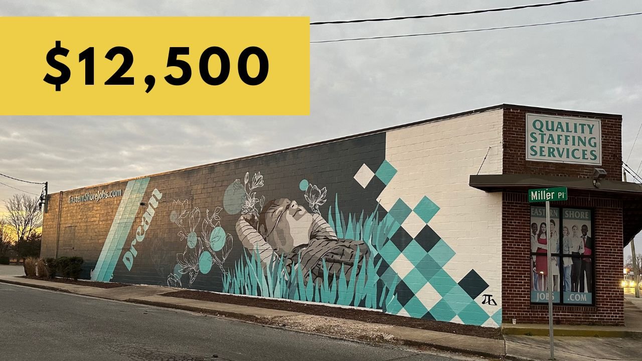 A building with a mural advertisement for easternshorejobs.com, showing a reclining person with closed eyes surrounded by flowers and abstract geometric designs in teal, white, black, and gray. A green sign on the brick corner reads "Quality Staffing Services" and a street sign indicates "Miller Pl." There is a large yellow box with the text "$12,500" in black.
