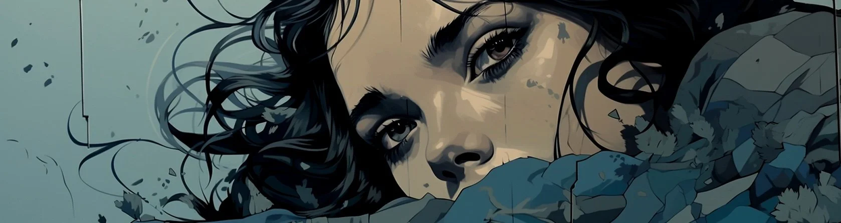 A digital illustration of a woman lying down with her head resting on a pillow, looking directly forward with a contemplative expression.