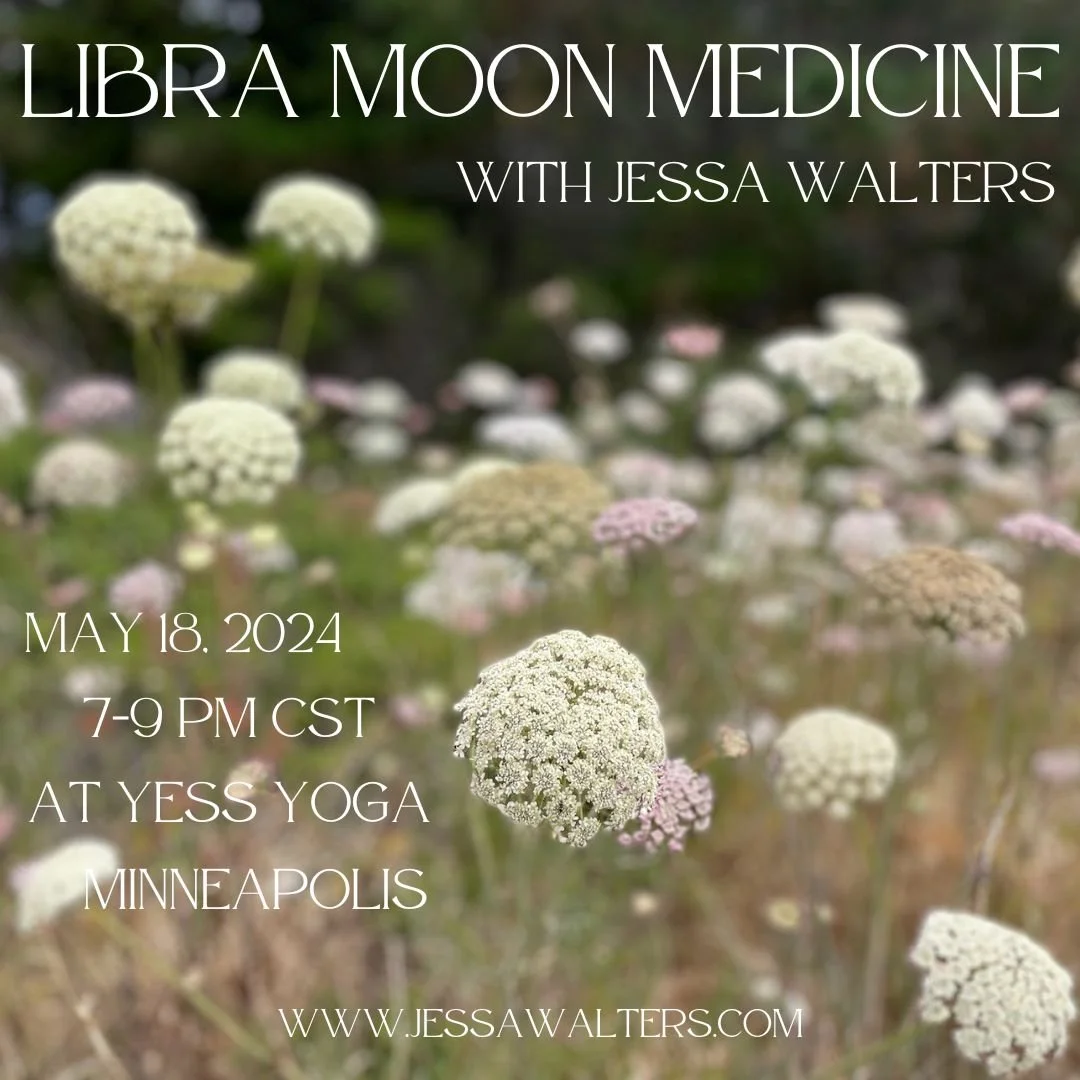 Promotional flyer for Libra Moon Medicine event with Jessa Walters at Yess Yoga, Minneapolis on May 18, 2024, featuring a background of white flowers.