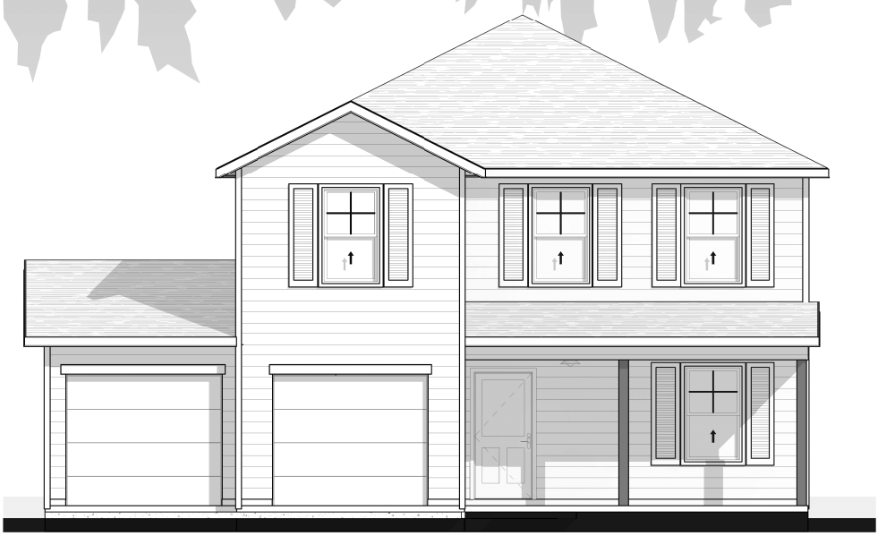 Architectural drawing of a two-story house with two garage doors, front door, and several windows, including an upper window above the garage.