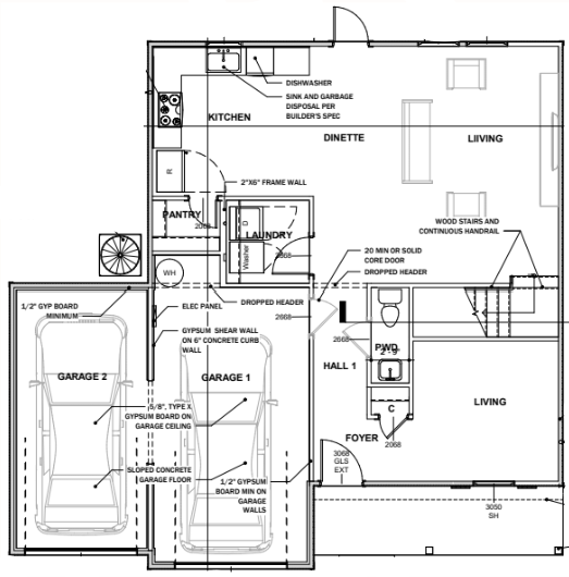 Floor plan of a house featuring a garage, kitchen, dinette, family room, living room, covered porch, entryway, pantry, and a powder room.
