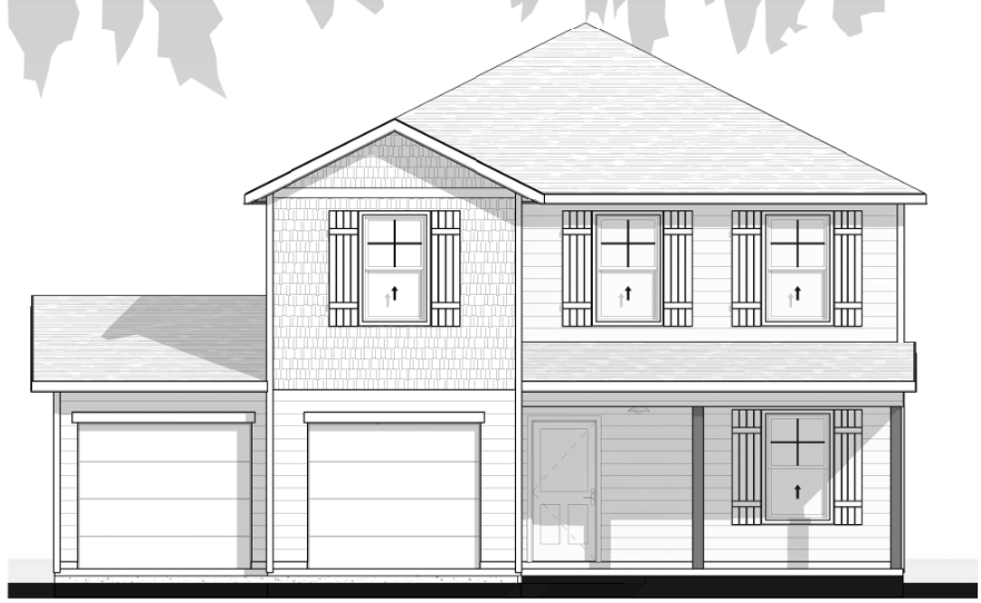 Blueprint of a two-story house with two garages, a front door, and multiple windows.