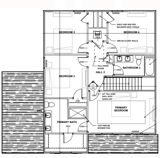 Architectural floor plan of a house's second floor, showing four bedrooms, two bathrooms, closets, and a stairway. The rooms are labeled as Bedroom 2, Bedroom 3, Bedroom 4, and Owner's Bedroom. The two bathrooms are marked as Bath 2 and O. Bath, with details on dimensions and fixtures provided. Walk-in closets and storage areas are also indicated.