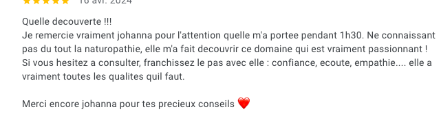 Capture d'écran d'un commentaire écrit en français exprimant de la gratitude envers Johanna pour ses conseils et son professionnalisme.