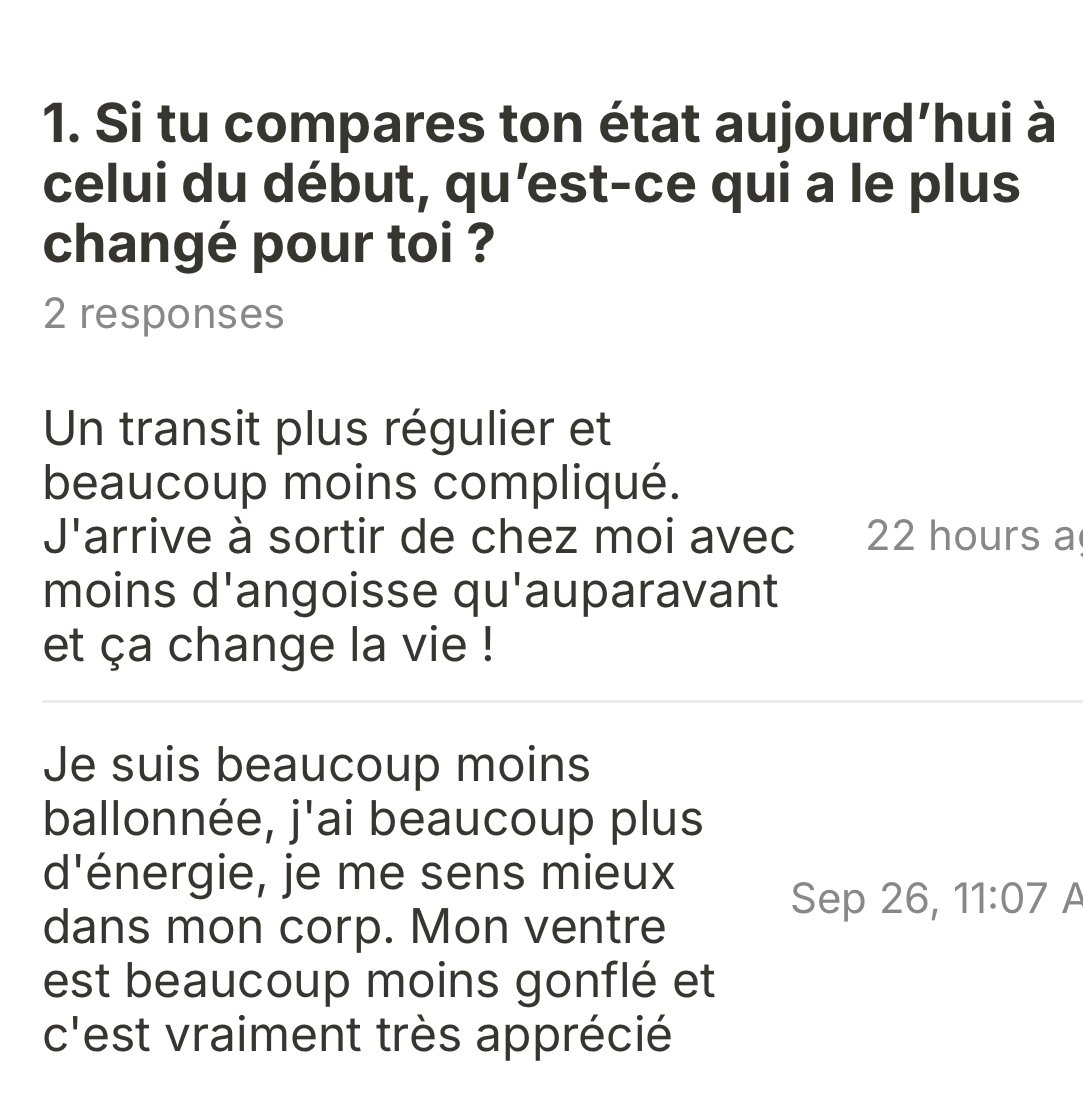 Capture d'écran d'une conversation écrite en français à propos des changements personnels, avec des réponses exprimant une vie plus régulière, moins d'angoisse, plus d'énergie et un meilleur bien-être.