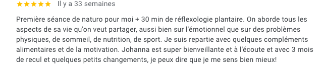 Capture d'écran d'une critique ou d'un commentaire en français, mentionnant une séance de naturopathie, de réflexologie plantaire et des améliorations personnelles après trois mois.