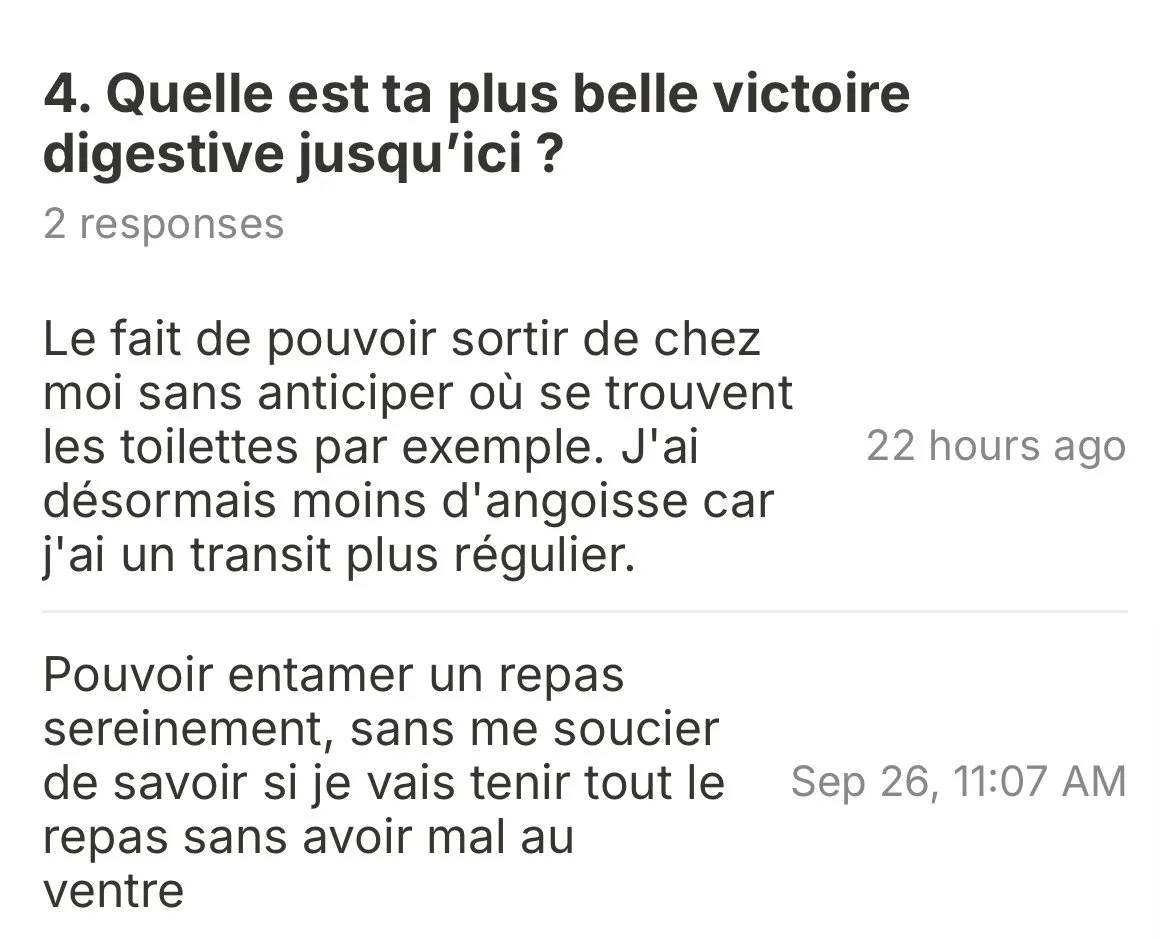 Capture d'écran d'un forum ou d'une discussion en ligne avec des réponses à une question sur la victoire digestive, mentionnant la sortie de chez soi sans se soucier de la localisation des toilettes et la capacité à prendre un repas sereinement sans mal de ventre.