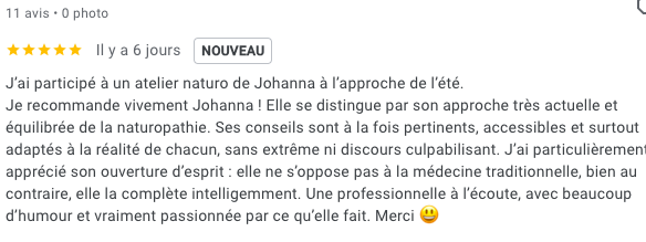 Avis positif en français sur un atelier naturo animé par Johanna, soulignant son approche équilibrée et sa passion.