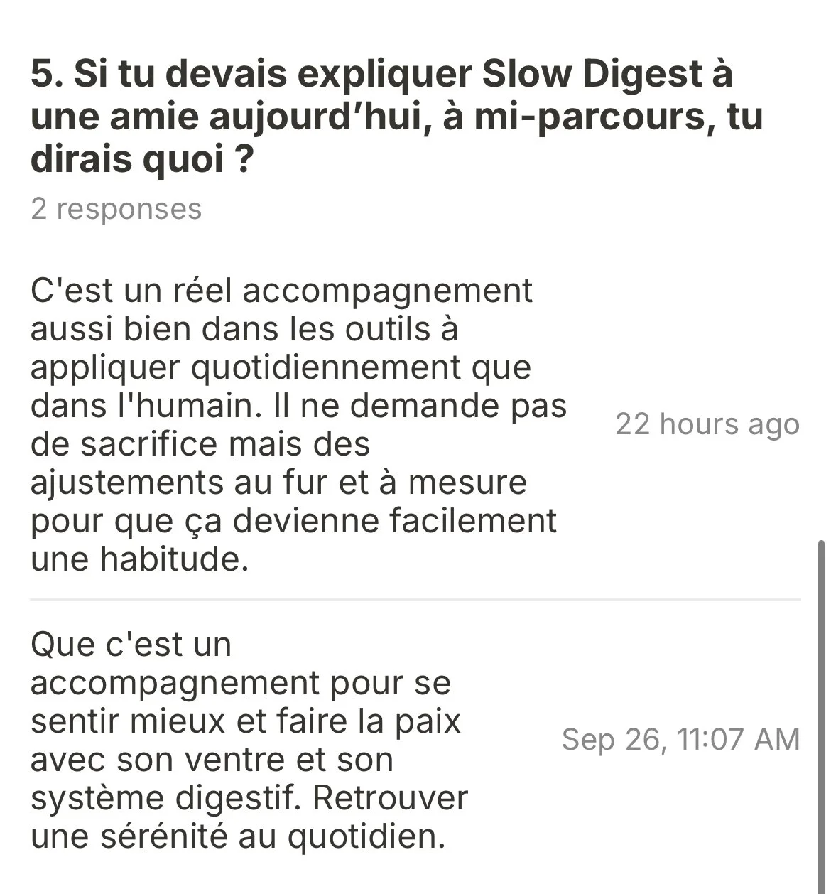 Capture d'écran d'une discussion ou d'un message écris en français, expliquant ce qu'est un accompagnement pour se sentir mieux et faire la paix avec son système digestif.