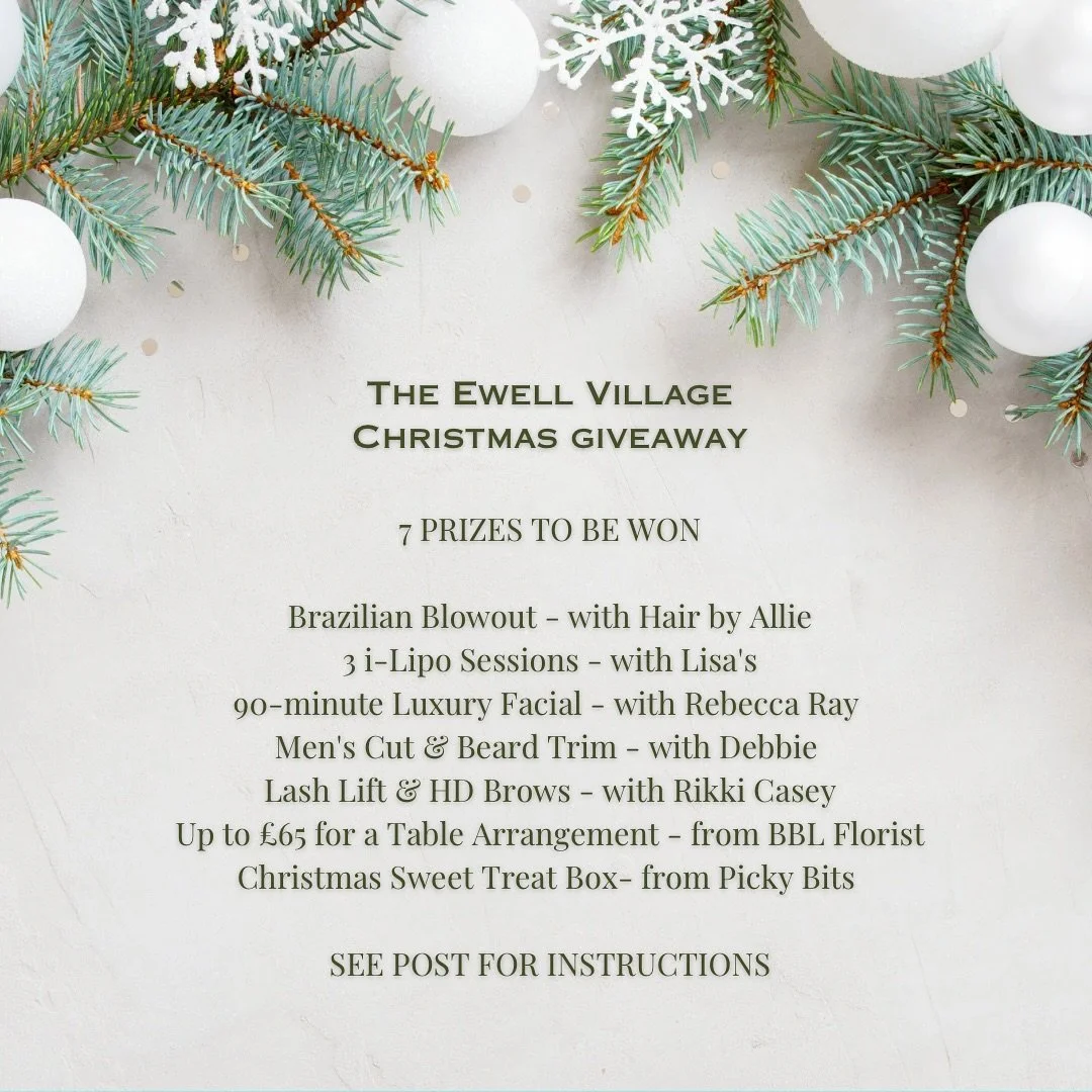 🎄 The Ewell Village Christmas Giveaway! 🎄

We&rsquo;ve got 7 amazing prizes to giveaway

✨ Brazilian Blowout &ndash; Hair by Allie
✨ 3 i-Lipo Sessions &ndash; with Lisa&rsquo;s
✨ 90-minute Luxury Facial &ndash; with Rebecca Ray
✨ Men&rsquo;s Cut &a