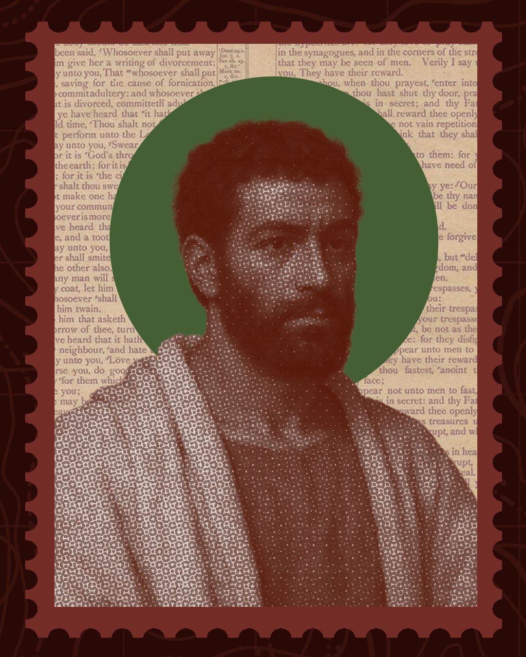 Digital art portrait of a man with reddish curly hair and beard, set against a green circular background, with a textured newspaper-like background and a decorative frame.