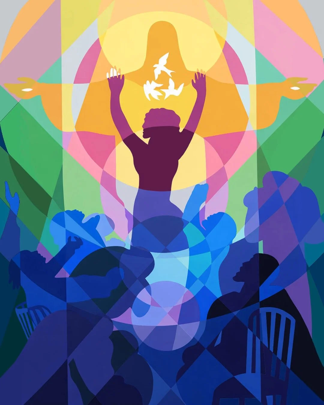 Mary Magdalene stands at the center, no longer surrounded by darkness, but stepping towards others who are. To learn more about this painting series, and the thoughts behind it, check the link in the bio.