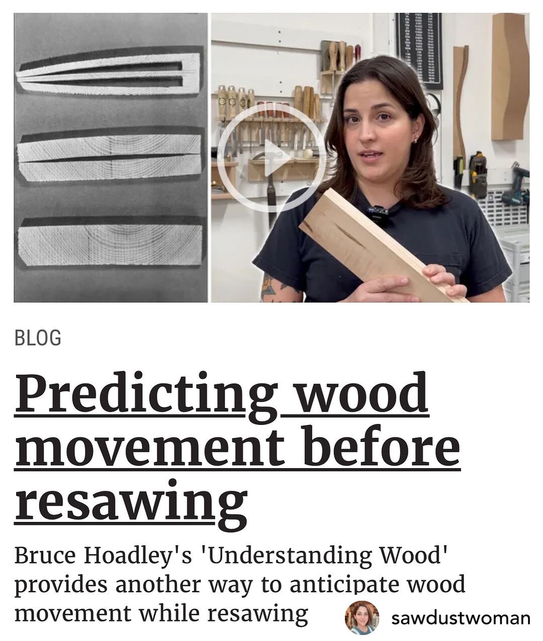 Repost from @sawdustwoman -- Check out this blog post and great video from woodworker Amanda Russell! She goes over a clever technique to predict how wood will move after it's resawn. Every board carries with it some degree of internal tension from i