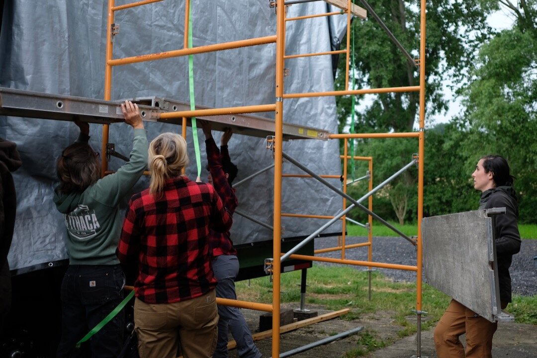 Ever worked on scaffolding? It's the safest way to access heights, especially if you'll be using power tools that require you to keep your body in a stable position. Case in point: using a router to cut rough openings in sheathing for windows. This i