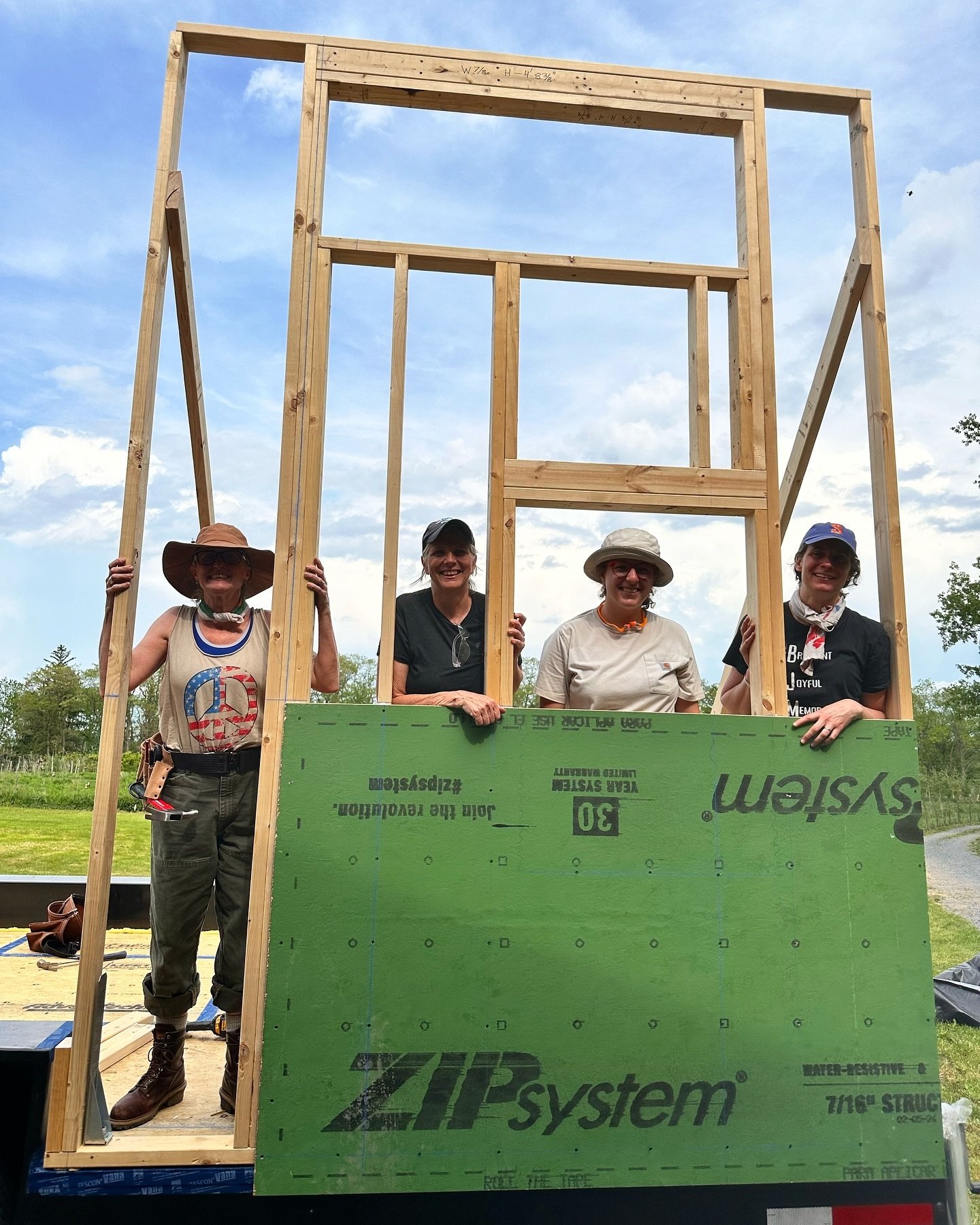 First wall section: framed and raised ✅ 
Want to learn to build or renovate a house? Have windows to replace? Our next class is Tiny House Dry-In: Sheathing and Windows on June 3-7! This is a beginner accessible class that goes over basic carpentry s