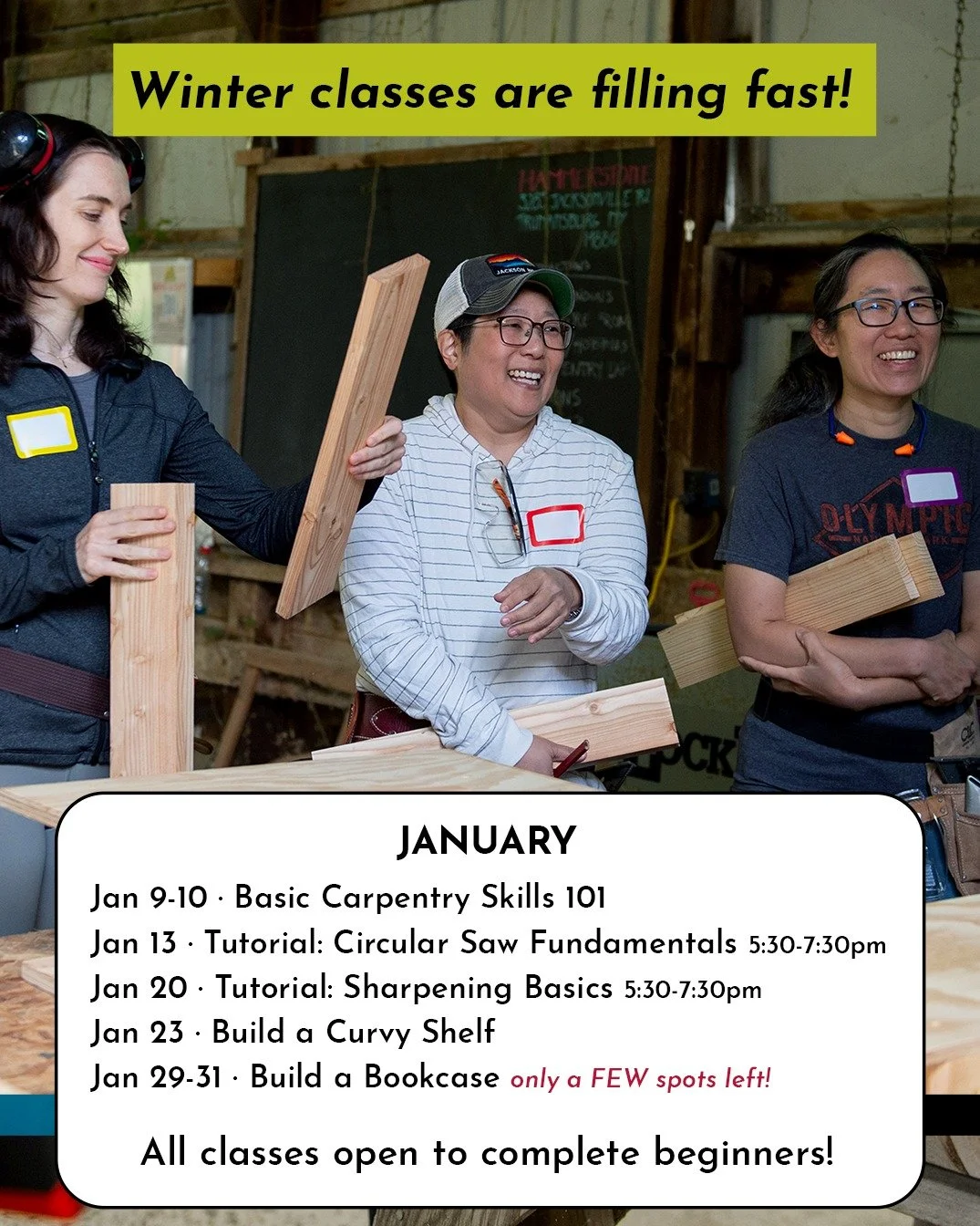 Big thanks to everyone who has registered early! Now's the time to save your spot: woodworking, evening classes, DIY home improvement...we're offering all this and more in our incredible learning environment this winter - join us! 🔨✨

SIGN UP &rarr;