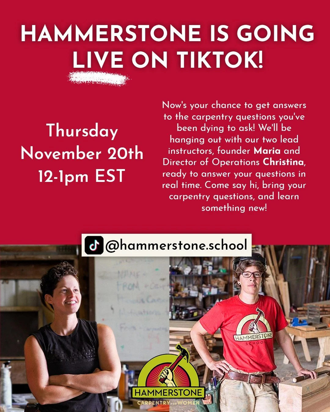 We're going LIVE on TikTok tomorrow at 12pm EST! 

Now's your chance to get answers to the carpentry questions you've been dying to ask! We'll be hanging out with our two lead instructors, founder Maria and Director of Operations Christina, ready to 