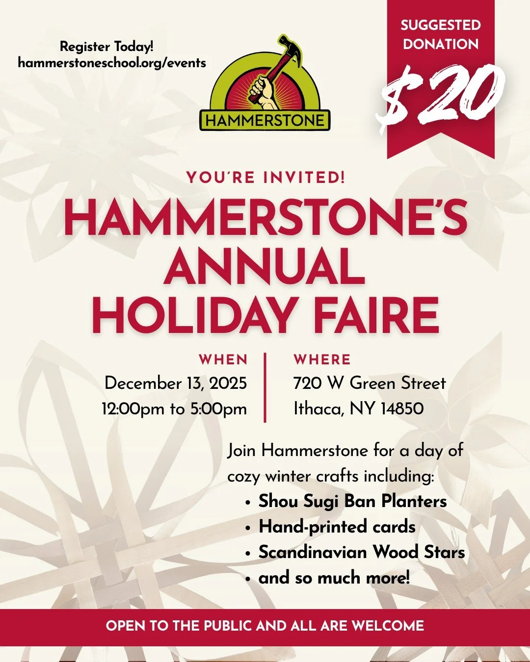 Don't miss our ANNUAL HOLIDAY FAIRE! ✨

➡️ Saturday December 13th, 12-5pm
All ages and open to all!
SIgn up: hammerstoneschool.org/events

We're transforming our downtown workshop into a cozy haven where you can escape the chill and embrace the warmt