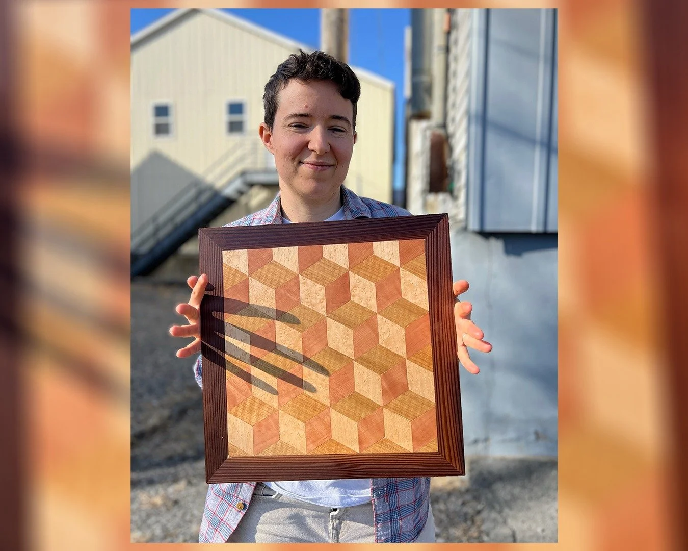 Parquetry is a beautiful, low-dust craft that fits on a tabletop. The tools are simple, affordable, and perfect for small spaces. The craft involves assembling geometric shaped veneers into patterns that aren't possible with solid wood. These pattern